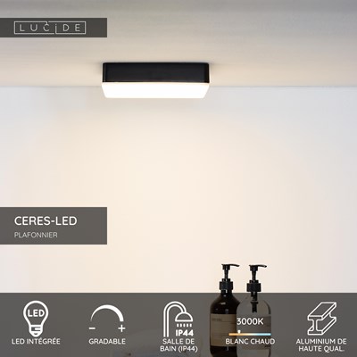 Lucide CERES-LED - Plafonnier Salle de bains - LED Dim. - 1x30W 3000K - IP44 - Noir